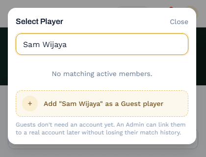 Player picker showing the Add as Guest player prompt for a name that isn't a member
