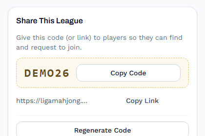 Share This League card with a join code and copy link button