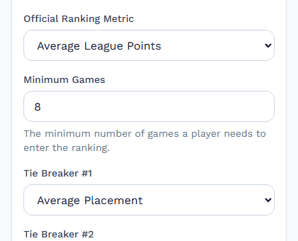 Ranking Rules settings: Official Ranking Metric, Minimum Games, and tie breakers