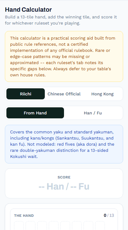 Hand Calculator with Riichi, Chinese Official, and Hong Kong ruleset tabs